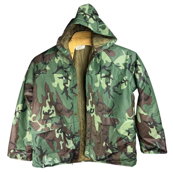 Rothco Camouflage Hooded Rain Jacket Men M Waterproof PVC Insulated Lined - Picture 1 of 12